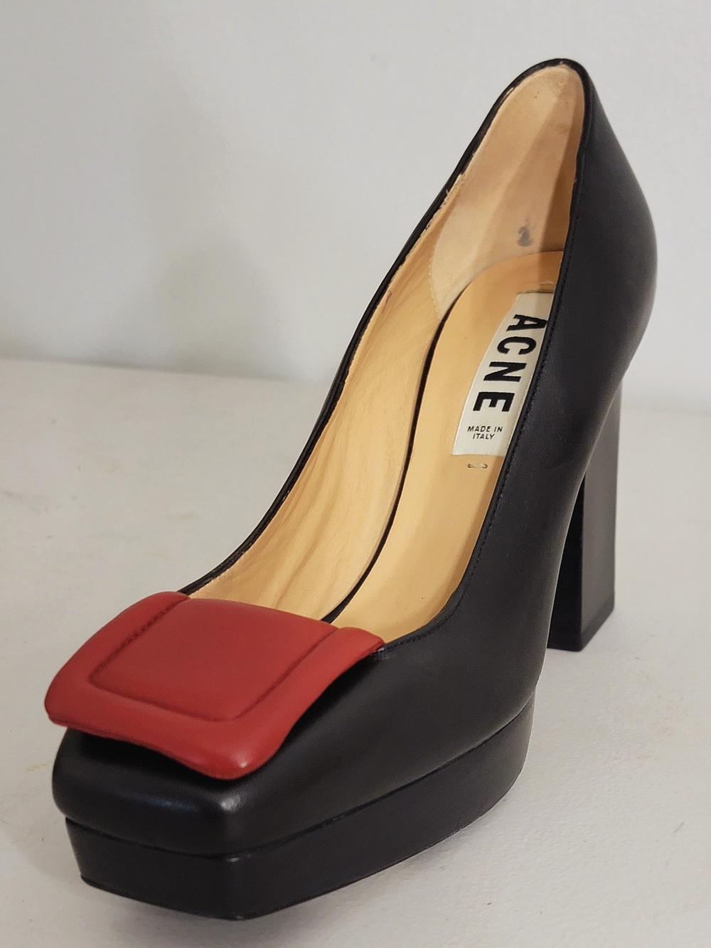 ACNE STUDIOS Runway Black Leather Red Block Square Toe Platform Pumps 38 / 8